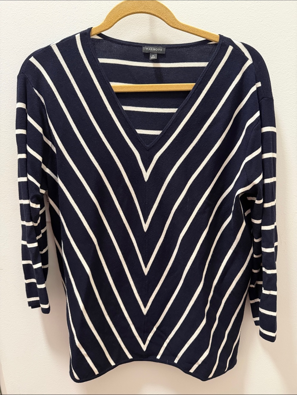 Talbots Navy and White V-Neck Chevron Stripe Sweater